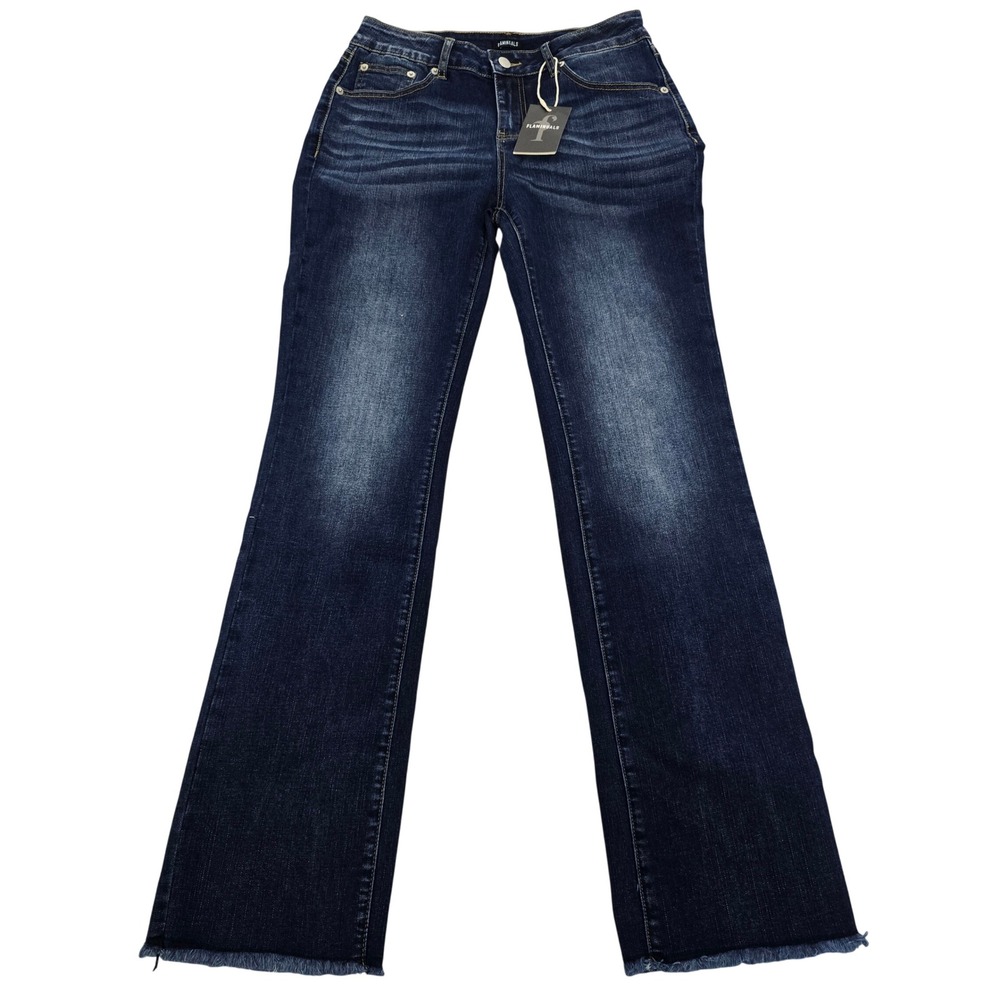 Flamingals Womens Dark Wash Flare Leg Jeans Split Back Hem Raw Edge Size M 83684